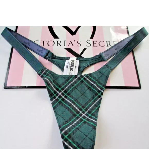 VICTORIA'S SECRET PINK Super Push-Up Bra & XL Thong Panty Set Green Plaid Cotton